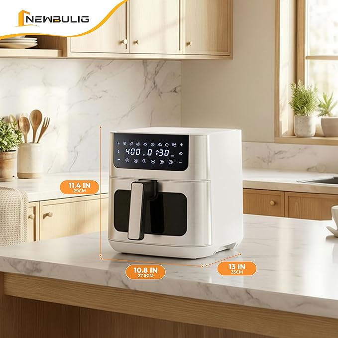 NEWBULIG Air Fryer 6.34QT, Airfryer with Visible Window, 400℉ Fast Heating Air Fryers Oven with Nonstick and Dishwasher-Safe Basket, 8-in-1 Cooking Preset, Timer，Auto-Off, Stainless Steel, White