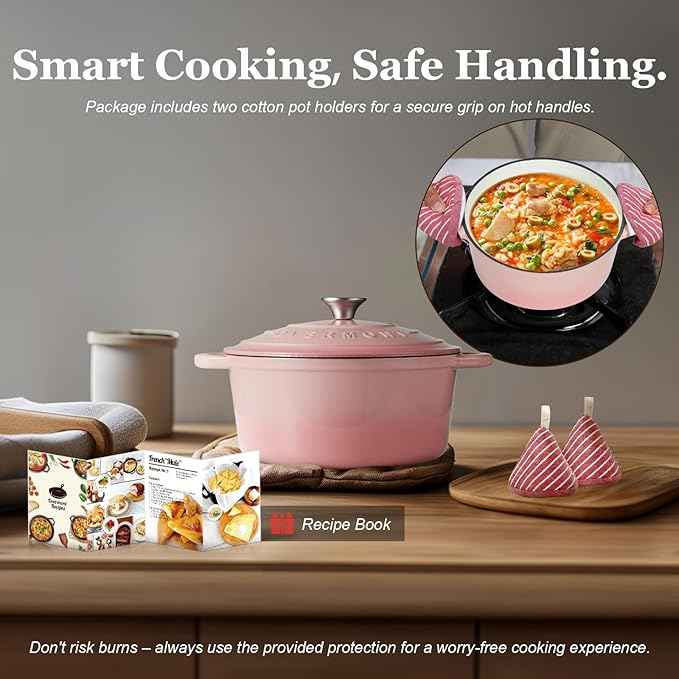 Overmont Enameled Cast Iron Dutch Oven - 4.5QT Pot with Lid Cookbook & Cotton Potholders - Heavy-Duty Cookware for Braising, Stews, Roasting, Bread Baking pink