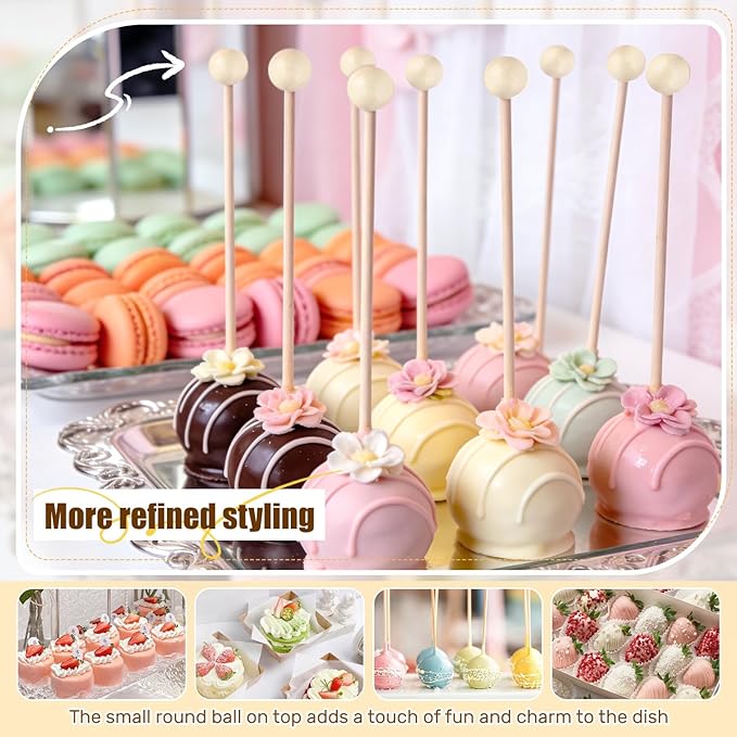 100PCS Rock Candy Sticks with Ball Tips,6 Inch Wood Swizzles Sticks,Natural Wood Cake & Drink Stirrer Sticks for Lollipop Coffee Appetizer Skewers (Multi-color)