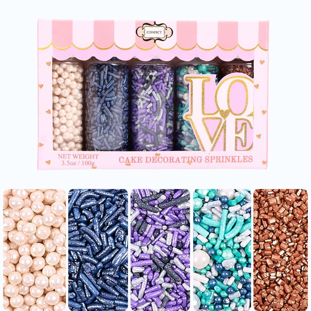 Confect Sea Paradise Sprinkles | Mix White & Sea Blue Pearl Dragees | Navy Blue Jimmies | Bronze Sparkling Sugar | Edible Under the sea Sprinkles | Vegan, Gluten-Free, Nut-Free, Soy-Free, Dairy-Free, Palm Oil-Free - 5 Oz