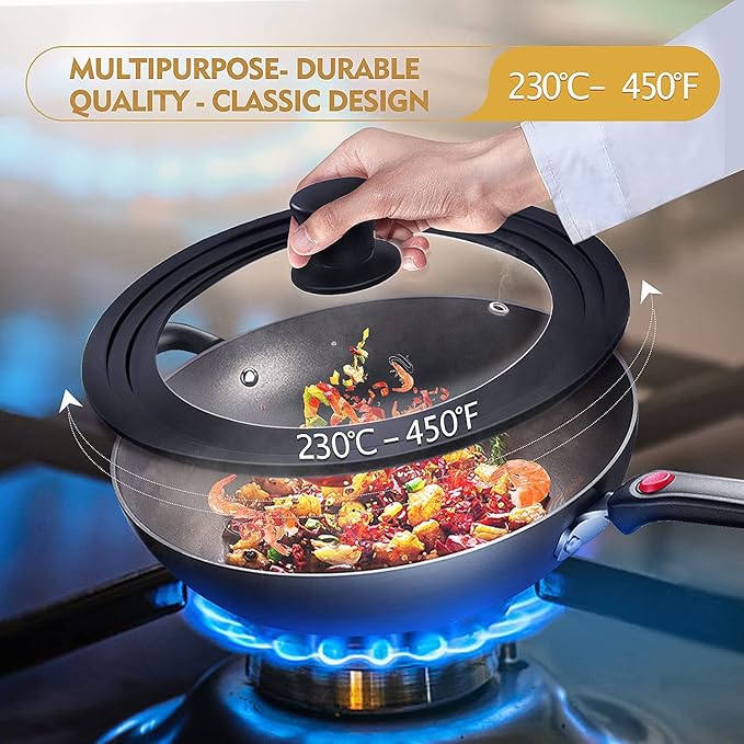 Ydeapi Universal Lids for Pots, Pans & Skillets - Fits 6.5", 7" & 8" Diameter, 9.5", 10" & 11" Diameter Cookware，Tempered Glass with High Heat Resistant Silicone Rim-2PK Cookware（2PK）