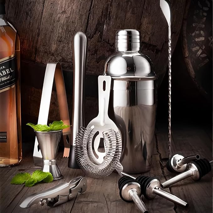 10-Piece Stainless Steel Cocktail Shaker Set with Stand – Bartender Kit w/Martini Shaker, Jigger, Strainer, Ice Tools & Decanter for Home Bar, Party & Gift