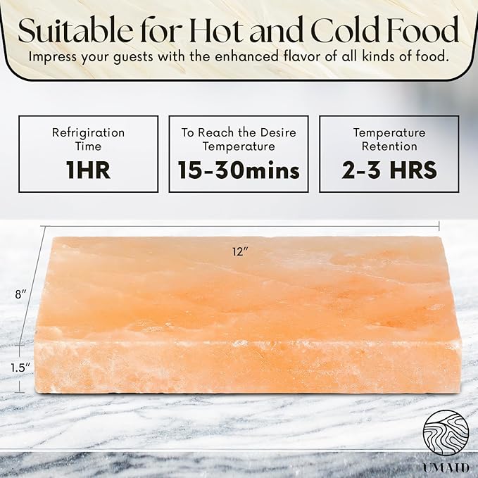 UMAID Himalayan Salt Block Cooking Plate 12x8x1.5 for Cooking, Grilling, Cutting and Serving, Food Grade Rock Salt Stone with Steel Tray & Recipe Pamphlet Unique Gifts for Men, Women, Chefs & Cooks