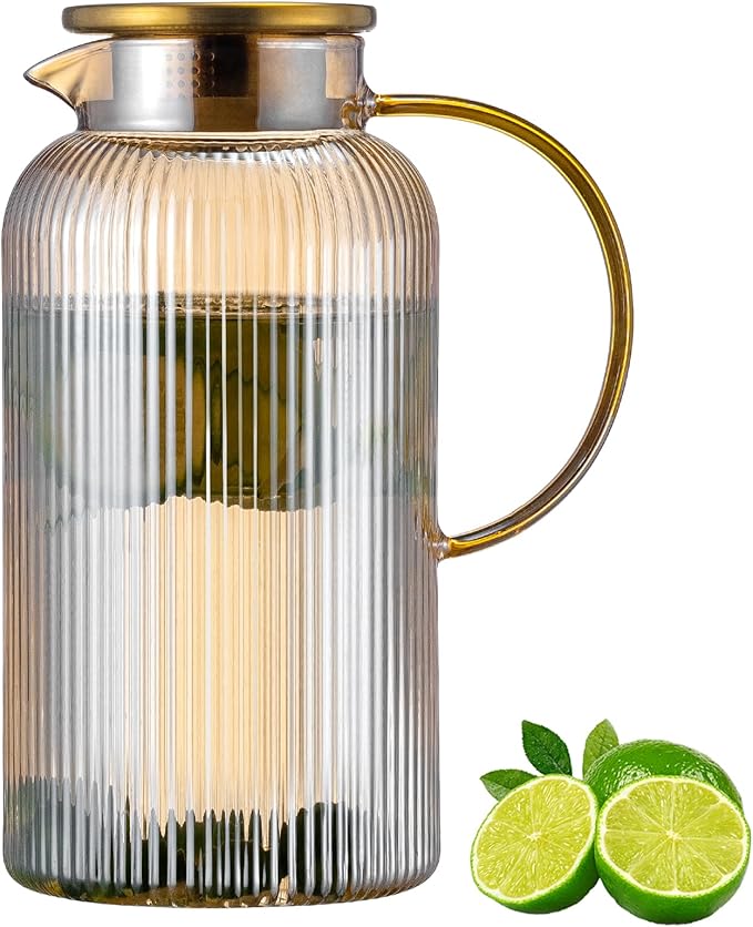 Buaic Glass Pitcher with Lid, 84oz/2.5 Liter Amber Classic Vertical Stripes Water Pitcher,Glass Water Carafe for Cold Brew, Coffee, Lemonade, Iced Sun Tea,Beverage, Milk, Heat Resistant