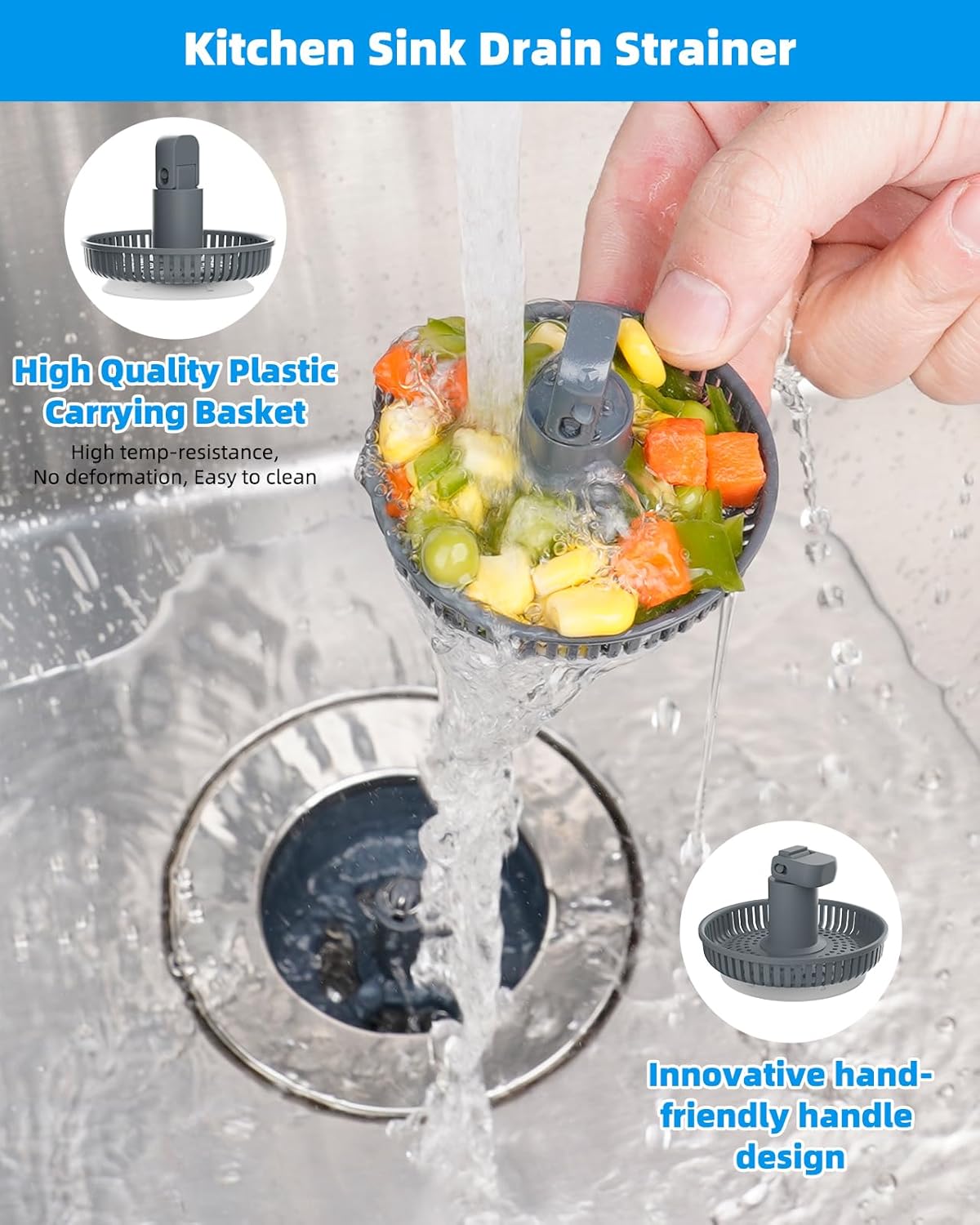 Hibbent 3 in 1 Kitchen Sink Drain Strainer and Stopper Combo, Chrome Stainless Steel Wraped Shell, 3 Anti-Clogging Basket Strainer with Foldable Handle for US Standard 3-1/2" Drain