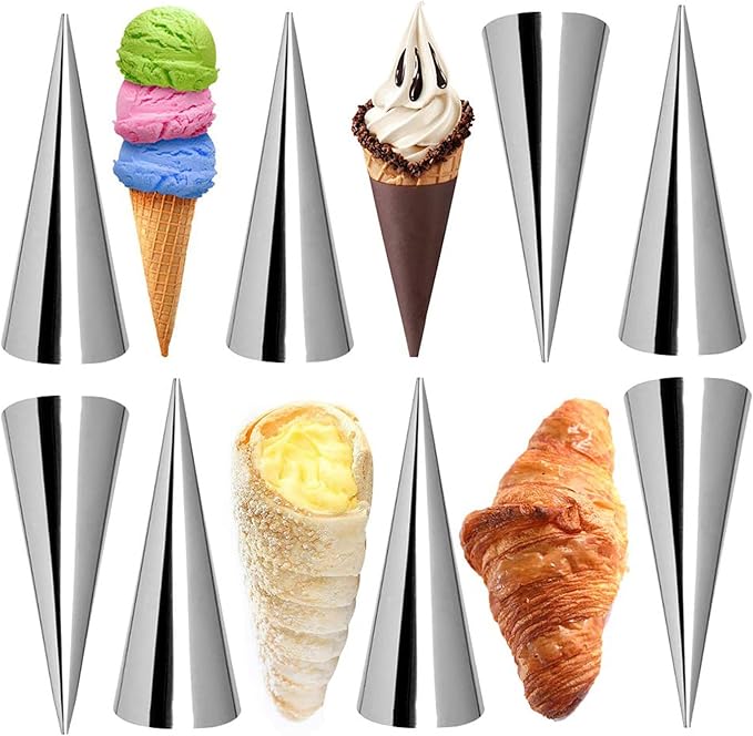 Joyeee 10 Pieces Pastry Cream Horn Molds, Stainless Steel Cannoli Tubes Puff Waffle Cone Pastry Roll Horn, 5 Inch Large Size Croissant Mold Brioche Pans Kitchen Baking Tool, Pastry Baking Molds