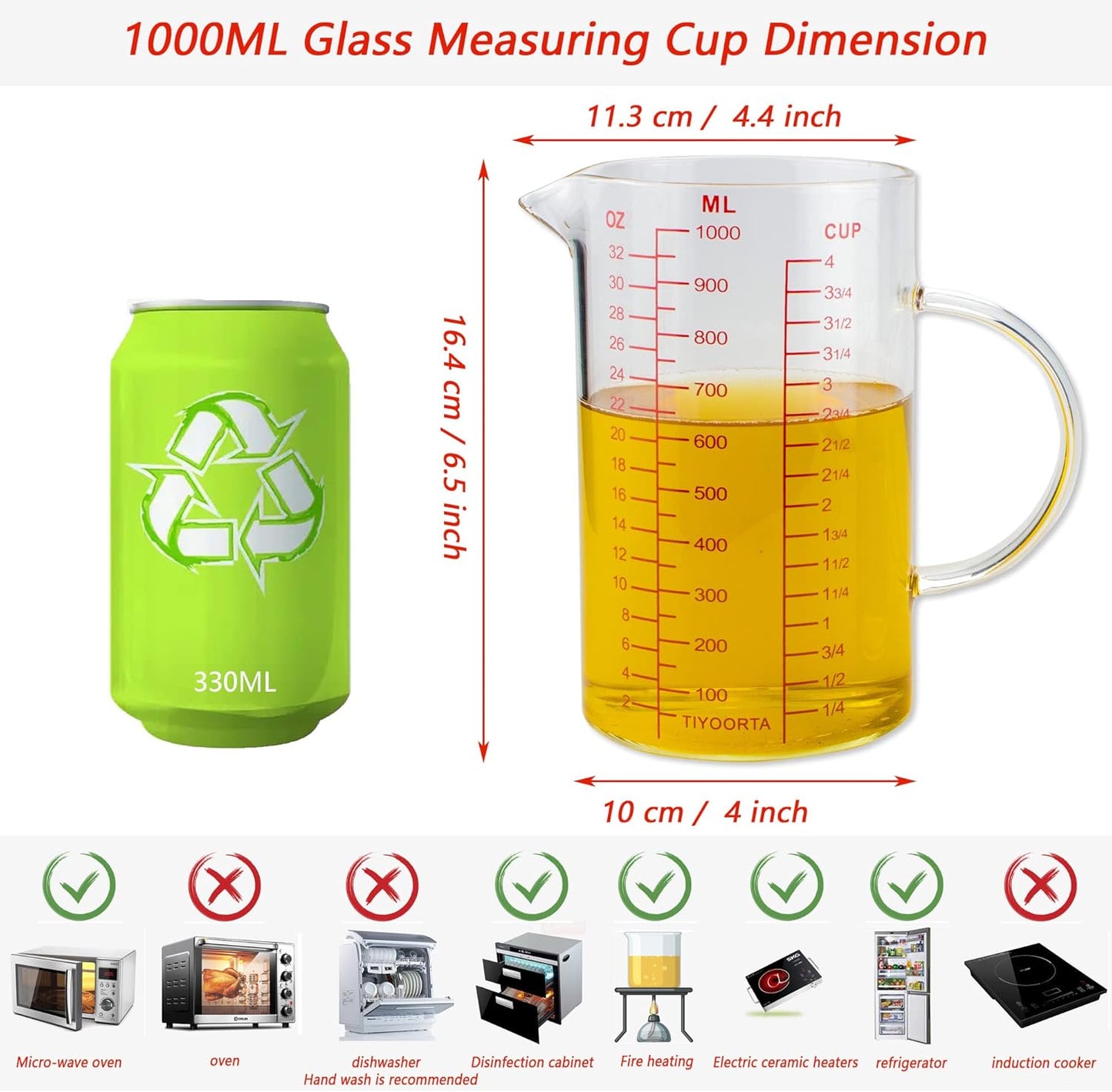Glass Measuring Cup with Handle, Three Scales (OZ, Cup, ML), V-Shaped Spout, Measuring Beaker for Kitchen or Restaurant, Easy to Read, by TIYOORTA (1000ML RED)