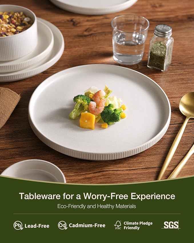 famiware Star Dinnerware Set with Mugs, Service for 6 (24 Pieces), Ribbed Stoneware Plates and Bowls Dishes Sets - Chip & Scratch Resistant, Microwave & Dishwasher Safe, Matte White
