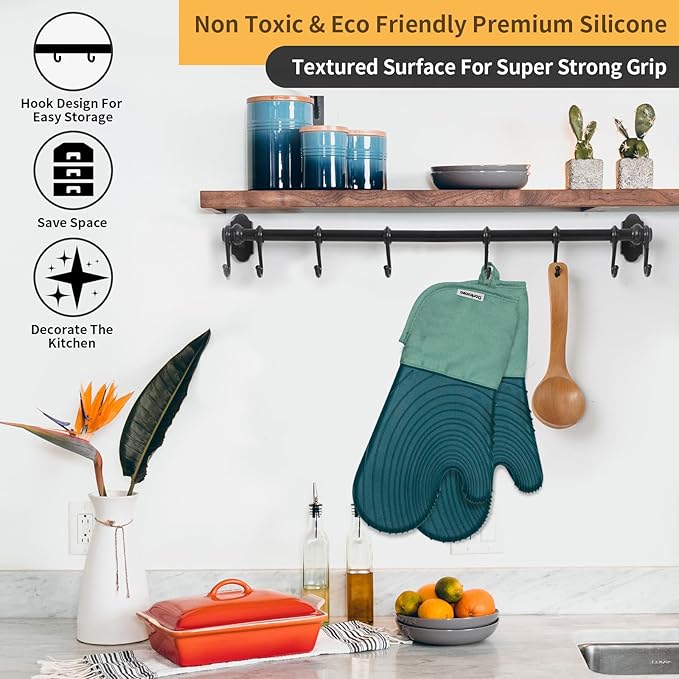 Silicone Oven Mitt Pack,Cotton Lined Gloves, BPA-Free, Long Cooking Mitts and Trivet Mats, Silicone Grilling Gloves for BBQ, 2 Pieces, (Green)