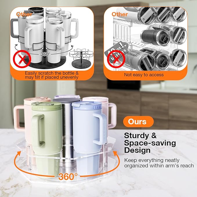 Water Bottle Organizer for Stanley 20/30/40oz, Rotating Stanley Cup Organizer Holder, Tumbler Bottle Organizer for Stanley Simple Modern Owala Yeti, Tumbler Lazy Susan, Clear