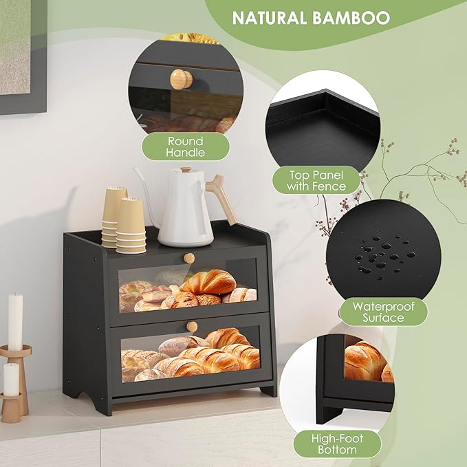 JANSNIMEN Double Layer Bread Box for Kitchen Countertop, Large Breadbox Bread Container Storage with Acrylic Door, Wooden Farmhouse Bread Holder (Black, Medim-15.7" L x 9.5" W x 13" H)