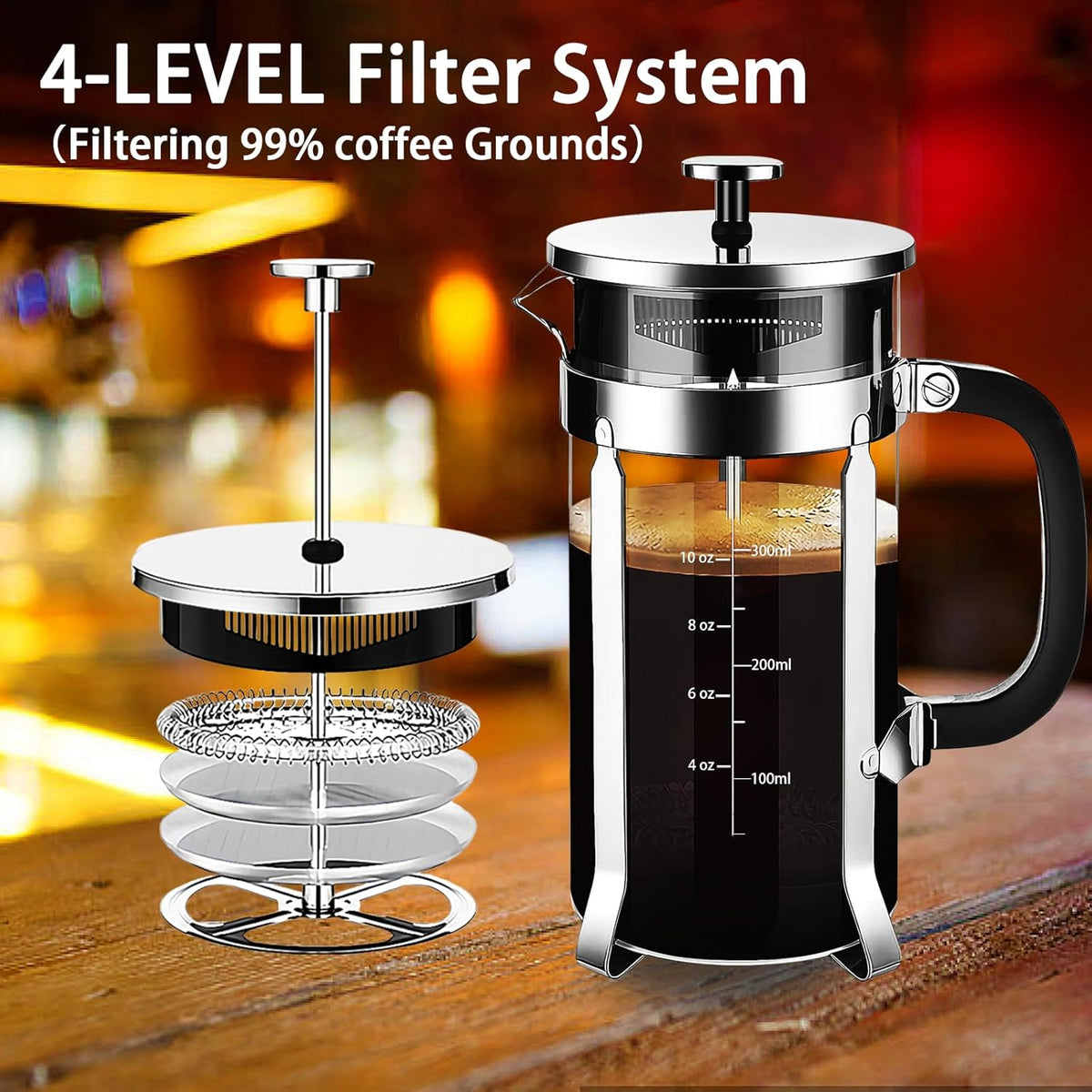 French Press Coffee Maker 304 Stainless Steel Coffee Press,with 4 Filters System, Heat Resistant Thickness Borosilicate French Press Glass, BPA-Free Brewed Tea Pot Coffee Plunger(Copper 12oz)