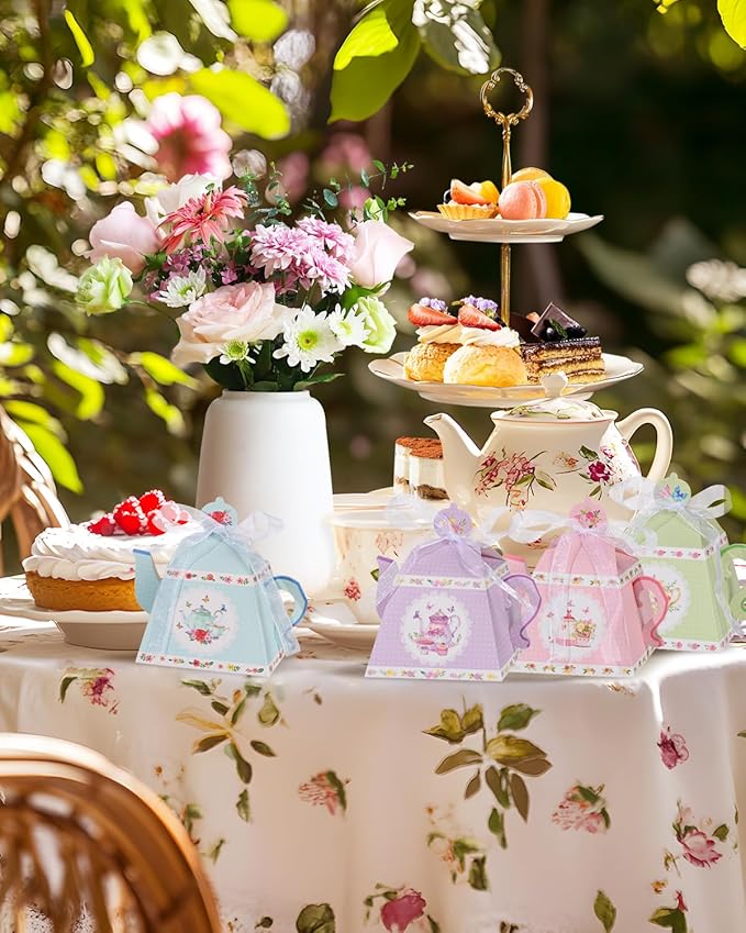 Liobelon 24 Pieces Floral Tea Party Favors Boxes Centerpiece Table Decoration Teapot Favor Boxes Tea Party Treat Gift Boxes Goodie Treat Bags Candy Boxes for Wedding Baby Shower Tea Party Decorations
