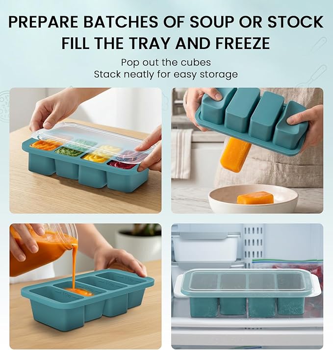 DOQAUS Silicone Freezer Molds, Reinforced Steel Frame 1 Cup Ice Cube Trays with Lid, 4-Cavity BPA-Free Soup Containers for Meal Prep, Kitchen