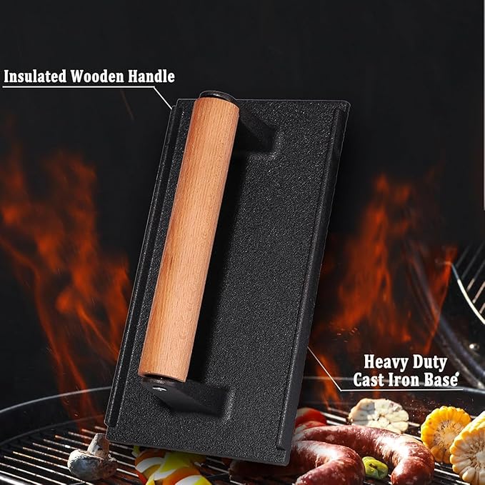 4PCS Griddle Accessories Set, Round & Rectangle Heavy Duty Grill Press, Cast Iron Press Griddle with Wooden Handle for Blackstone, Griddle Spatula, Spice Dredge Shaker