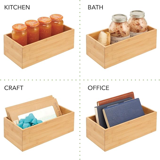 mDesign Bamboo Wood Organizer Storage Bin Box for Kitchen, Pantry, and Drawer Organization; Holder for Snacks, Juice Boxes, Utensils, Tea, Coffee - Echo Collection - 2 Pack - Natural