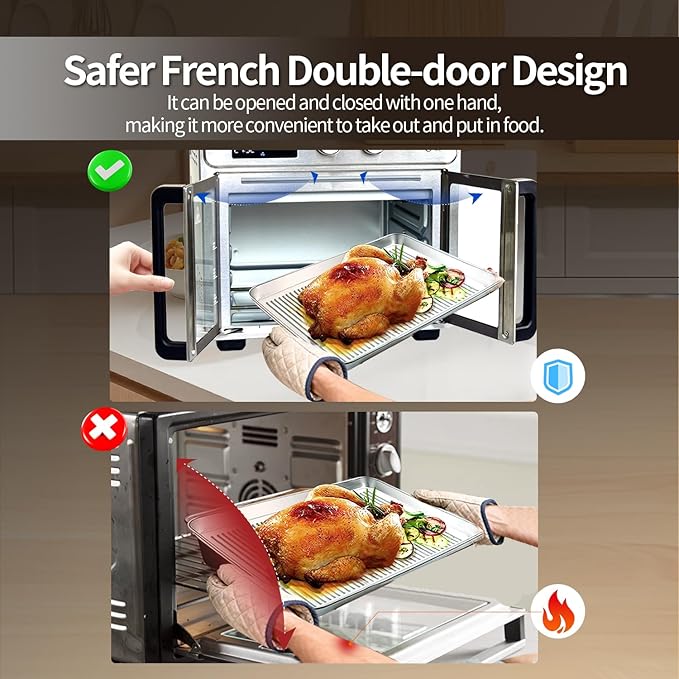 TomaChef 26QT French Door Air Fryer Toaster Oven Combo, 15 Cooking Functions including Rotisserie, and Digital Controls, 30 Recipes & 5 Accessories, Stainless Steel Finish