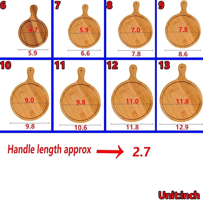 6 Pack Pizza Board Set – Premium Wooden Pizza Plates for Serving & Cutting, Round Bamboo Pizza Plate with Handle, Durable & Lightweight for Home & Restaurant (Up to 13 Inches),13inch