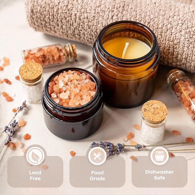 4 oz Glass Jars with Lids, 24 Pack Amber Small Glass Jars with Black Lids Leakproof Round Airtight Empty Cosmetic Travel Containers with Inner Liners For Lotions Powders and Candle Making