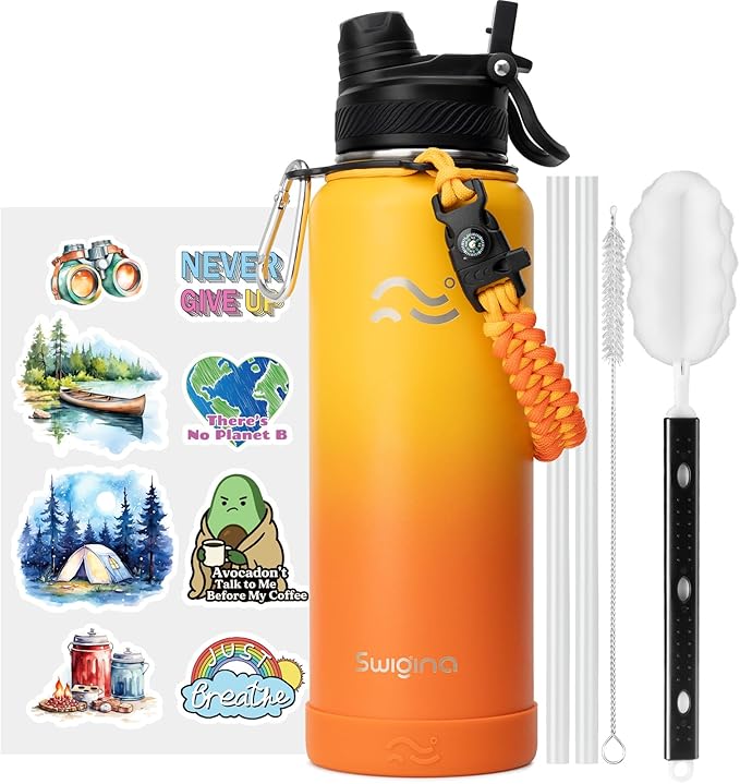 Swigina [2-IN-1 LID] Insulated Water Bottle with Silicone Boot (36hrs Cold/18hrs Hot) - DIY Stickers, Leakproof, BPA Free, 40 oz