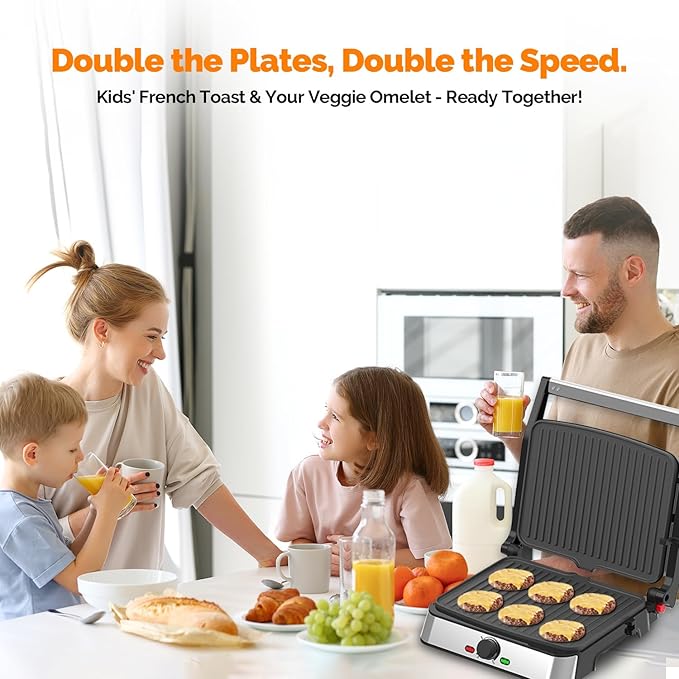 Electric Panini Press Grill and Sandwich Maker / 8.5" x 11" Non-Stick Coated Plates, Opens 180 Degrees to Fit Any Type or Size Food, Dishwasher Safe, Sliver