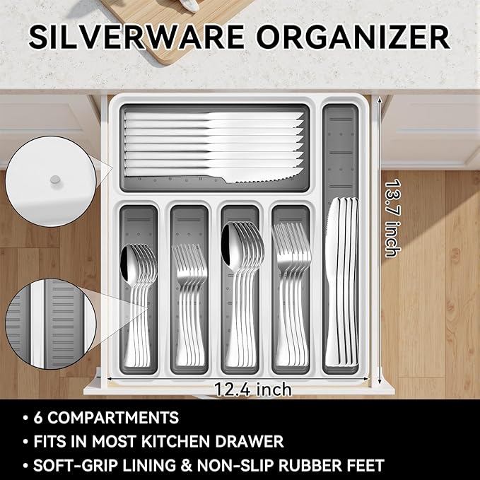 49-Piece Stainless Steel Silverware Set with Cutlery Organizer, Service for 8 with Steak Knives and Kitchen Utensils