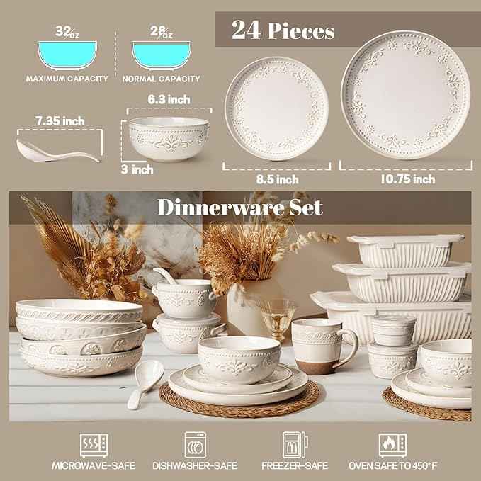 Artena Plates And Bowls Sets, 24 Pieces Dinnerware Sets, Dish Set For 6, Ceramic Kitchen Bowl And Plate Set, Embossed White Dishware Sets, Dishwasher & Microwave Safe (Damask Floral)