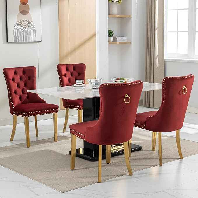 Velvet Dining Chairs Set of 2, Kitchen Chairs Set of 2, Tufted Upholstered Dining Room Chair, Back Ring Pull Trim, Golden Stainless Steel Legs, Wine Red
