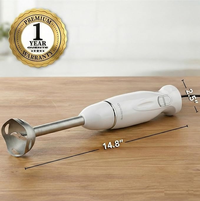 OVENTE Immersion Hand Blender, 300W Electric Handheld Stick Mixer with 2 Mixing Speeds and Stainless Steel Blades for Smoothies, Purees & Baby Food, White HS560W