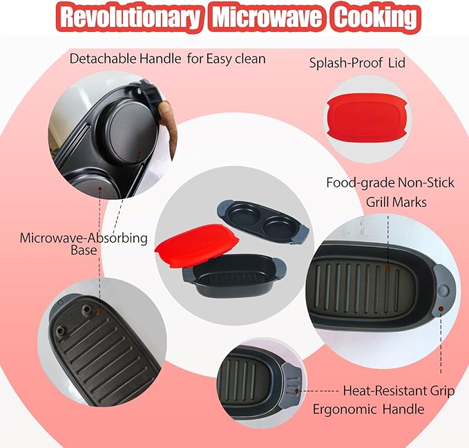 MKYSAIL Quick-Heat Microwave Egg Cooker and 33 OZ Microwave Grill Combo | 2-Piece Breakfast Maker Set for Grilling, Frying, Crisping Meat, Bacon, Pancakes & Veggies | Dishwasher Safe & Non-Stick for Kitchen RV, Dorm, Office(Red)