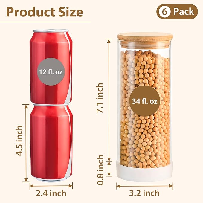 TBWIND 34oz Round Glass Storage Containers with Bamboo Lids – 6 Pack Medium Clear Food Airtight Glass Jars for Pantry Organizers and Storage, Kitchen Dry Food, Flour, Cereal, Coffee Beans & Staples