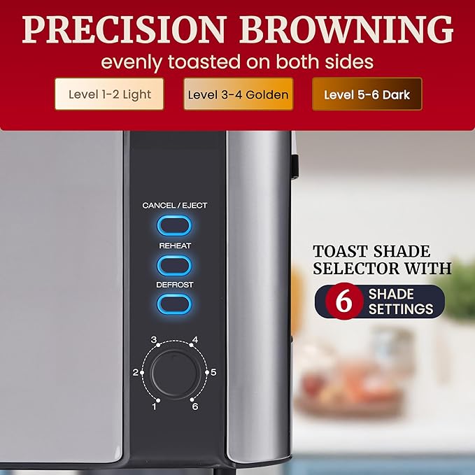 Elite Gourmet ECT3200 2-Slice, 1 Long Slot, Slim Toaster, Reheat, 6 Toast Settings, Defrost, Cancel Functions, Built-in Warming Rack, Extra Wide Slots for Bagels Waffles, Stainless Steel & Black