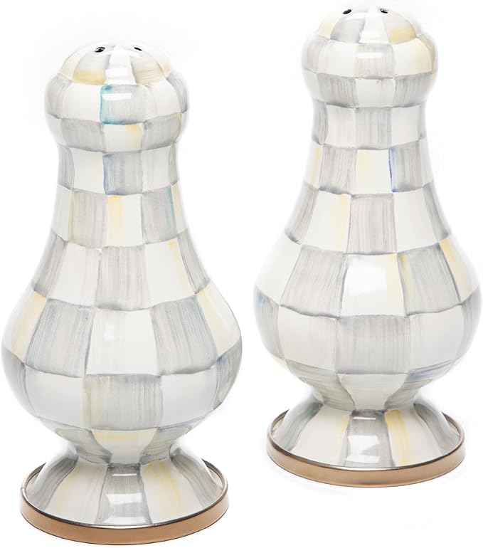 MACKENZIE-CHILDS Enamel Salt and Pepper Shakers, Kitchen Table Spice Shaker Set, Gray-and-White Sterling Check, Large