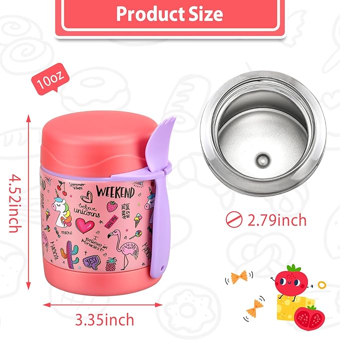 Insulated Soup Jar for Kids - 10oz, Leak Proof, Stainless Steel, Wide Mouth, Pink-Flamingo
