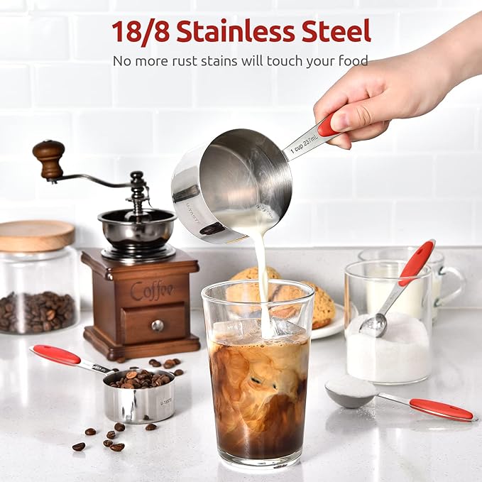 Measuring Cups and Spoons Set: U-Taste 18/8 Stainless Steel 10 Pieces Metal Stacking Kitchen Baking Cooking Food Measure Set 5 Cups 5 Spoons with Strengthened Weld Joints (Red Upgraded Version)