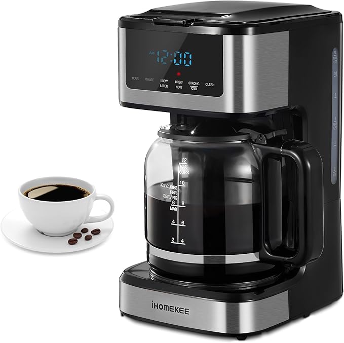 Ihomekee Coffee Maker, Programmable Drip Coffee Maker 12 Cup, Regular & Strong Brew Drip Coffee Machine with Iced Coffee Function for Home and Office, Black & Stainless Steel (Black,Silver)