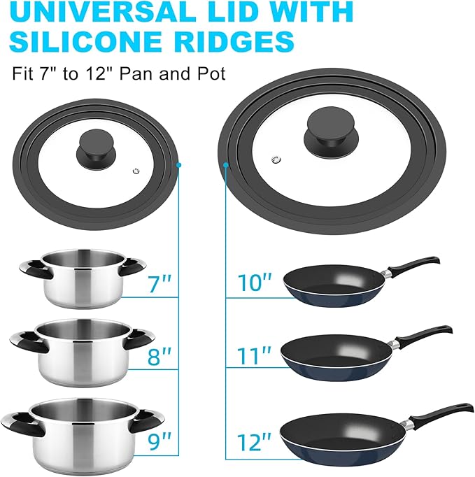 Universal Lids for Pots, Pans and Skillets, Fits 7", 8", 9", 10", 11", 12" Cookware, Universal Pan Lid and Pot Lid with Tempered Glass and Silicone Edging (2 Pack)