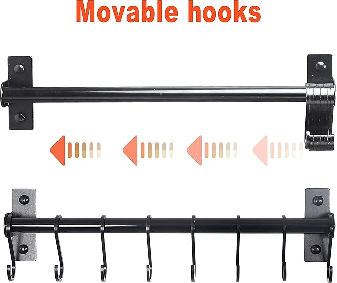 Dseap Kitchen Utensil Holder Hanger, Pot and Pan Rack Wall Mounted, Kitchen Rail with 8 Hooks for Hanging Cooking Utensils, Mugs, Spoons, Wall Mounted, Black, Pack of 2