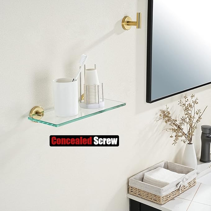JQK Bathroom Glass Shelf Gold, Tempered Glass Shower Storage 12 by 5 inches, 304 Stainless Steel Brushed Gold Wall Mount, TGS101L12-BG