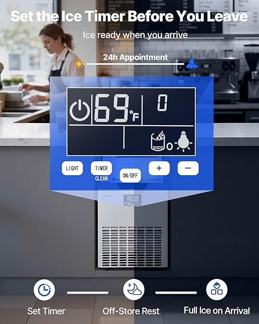 VEVOR Commercial Ice Maker Machine, 130 lbs/24h with 26 lbs Storage Capacity, Moon-Shaped Ice，Built-in/Freestanding/Under Counter, Ice Maker with LED Display & Self-Cleaning, for Home Bar Restaurant