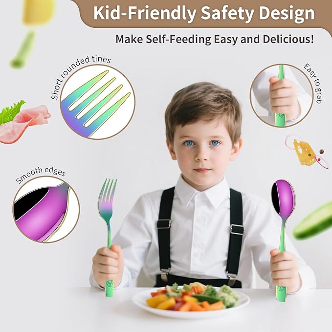DEHOV Rainbow Toddler Eating Utensils Set,Set Of 12 Food Grade Stainless Steel Silverware Sets For Kids,Dishwasher Safe Children Small Metal Spoons And Forks Flatware Sets