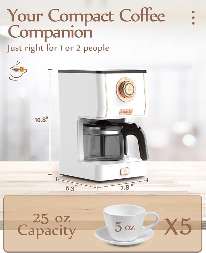 Amaste Retro Style Coffee Machine with 25 Oz Glass Coffee Pot, Reusable Coffee Filter & Three Brewing Modes, Warming Plate, Elegant White with Rose Gold