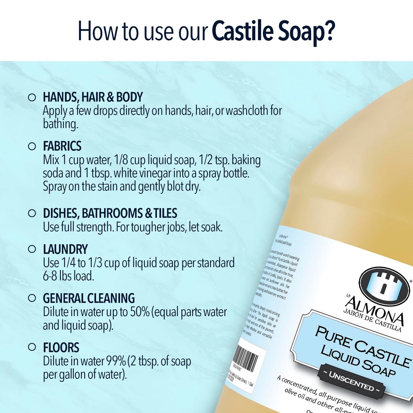 Pure Castile Liquid Soap, LAVENDER, 1 Gallon - Multipurpose: Hands, Face, Body, Laundry, Dishes & More - For Sensitive Skin, All-Natural Ingredients, Scented with Essential Oils