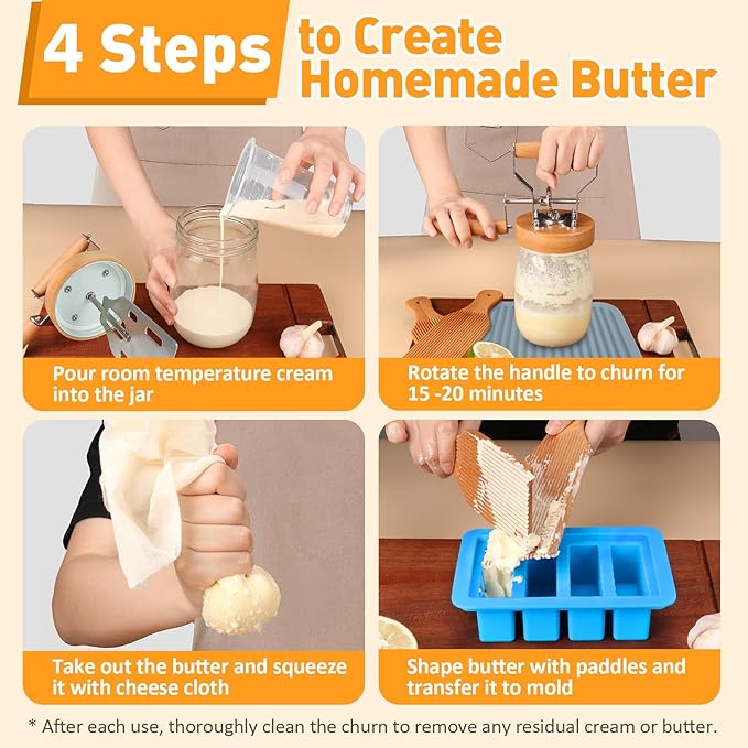 TeeMars Butter Churner - Upgraded Hand Crank Mason Jar Churn Kit, 34oz Manual Maker with 14 Recipe, Paddle, Mold with Lid, Cheese Cloth & Anti-slip Mat, Homemade Butter in 15Min