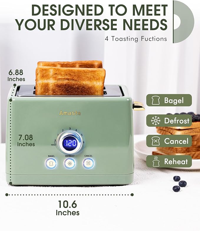 2 Slice Toaster, Retro Bread Toaster with LED Display, Extra Wide Slots Toasters with 6 Bread Shade Settings, Bagel, Cancel, Defrost Function, Stainless Steel with High Lift Lever, Removal Crumb Tray