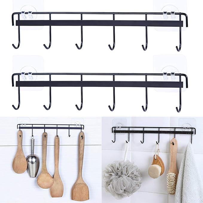 Rainmae 2 Pack Wall Hooks Rack Rail, Space Saving Wall Hanger No Drilling with 6 Hooks for Bathroom, Bedroom, Closet, Stainless Kitchen Tools for Hanging Knives, Spoon