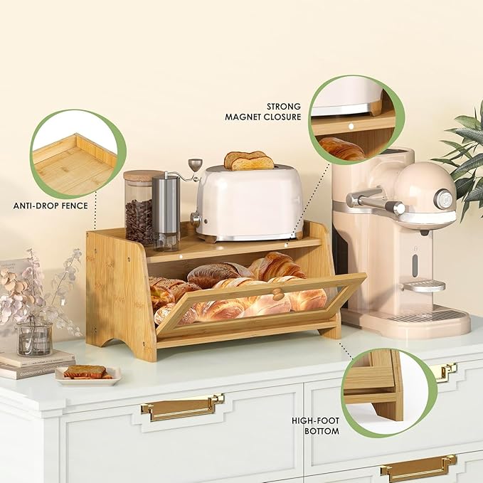 JANSNIMEN Bread Box for Kitchen Countertop, Large Bread Container Storage, Wooden Farmhouse Bread Box with Window Bread Holder (Natural Bamboo)