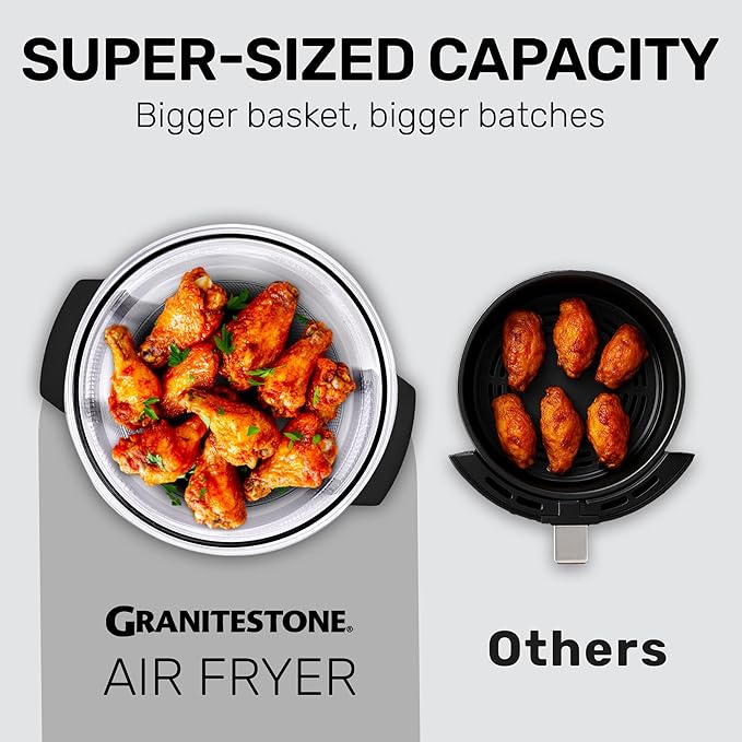 Granitestone 16Qt Large Glass Air Fryer Non Toxic – Family Sized Airfyrer Cooker with 3 Cooking Sections, Stainless Steel Racks, for French Fries, Chicken, No Preheat, Self Cleaning, Dishwasher Safe