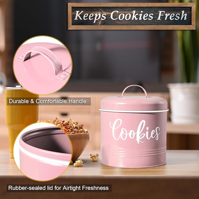 DAYYET Pink Cookie Jar for Kitchen Counter, 1 Gallon Vintage Cookie Jar with Airtight Lid, Large Food Storage Container for Candy, Cookies, Dessert, Farmhouse Kitchen Decor and Accessories