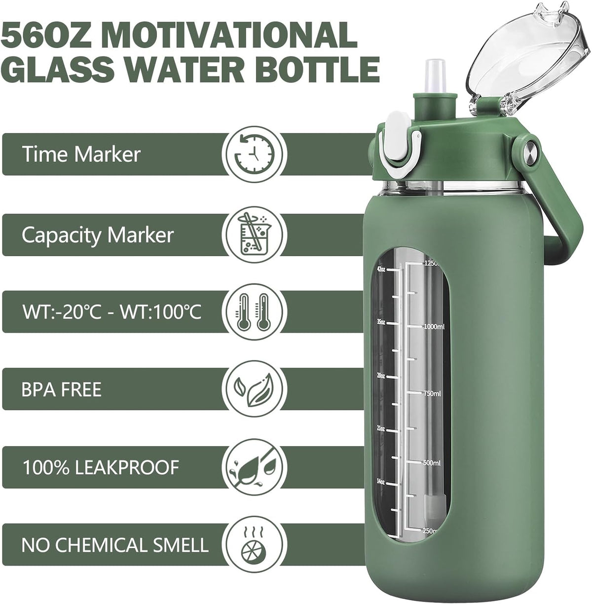 kytffu 56oz Glass Water Bottles with Straw, Motivational Glass Bottle with Silicone Sleeve and Time Marker, Leakproof Large Glass Water Jug for Gym Home Office,Olive